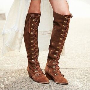 Free People and Jeffrey Campbell Johnny Tall Suede Brown Lace-Up Knee-High Boots